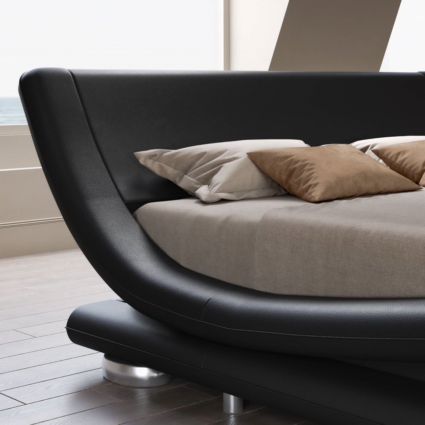 Queen Modern Black Upholstered Platform Bed Frame with Sleigh Curved Headboard-3