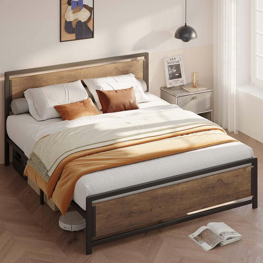 Queen Modern Metal Wood Industrial Platform Bed Frame with Headboard Footboard-0