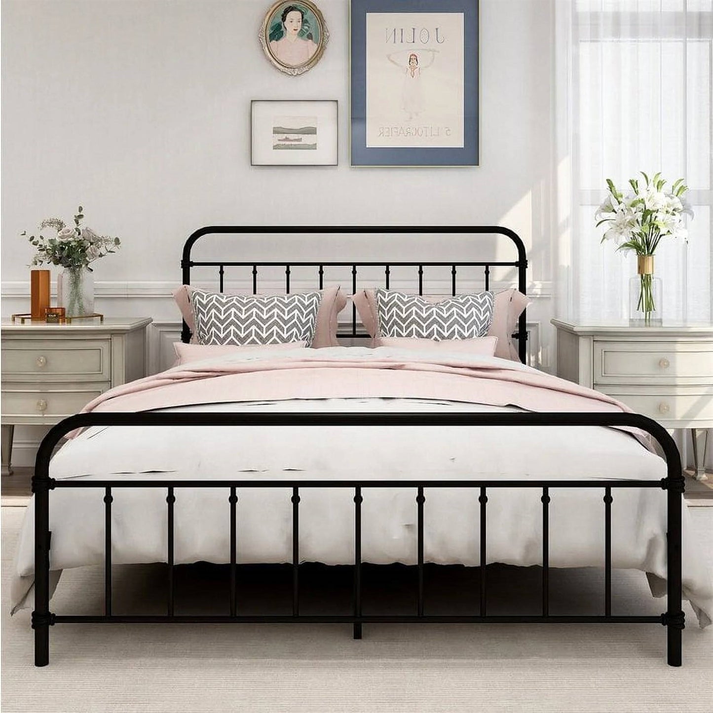 Queen Classic Farmhouse Black Metal Bed Frame with Rounded Headboard Footboard-3