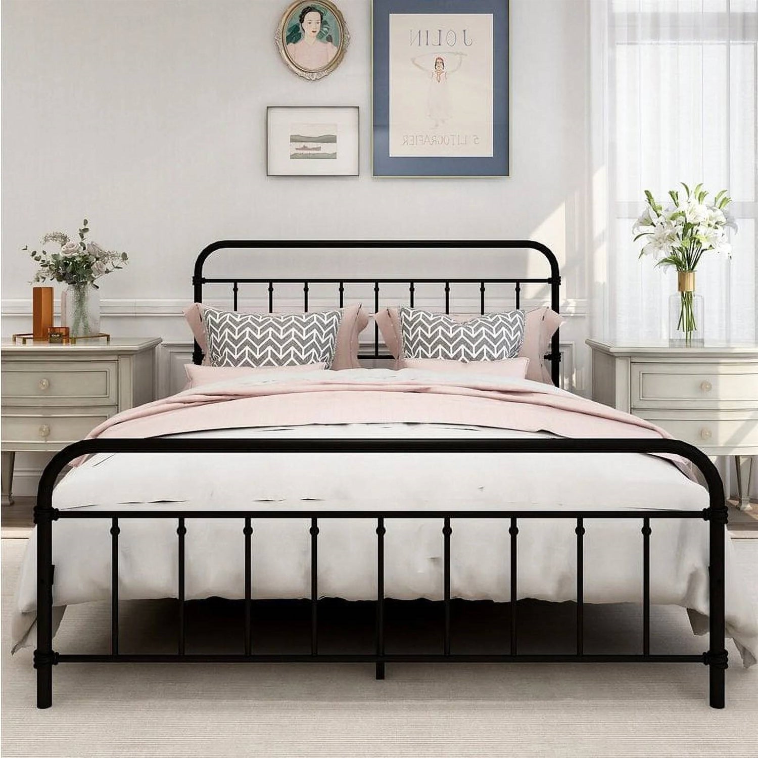 Queen Classic Farmhouse Black Metal Bed Frame with Rounded Headboard Footboard-3