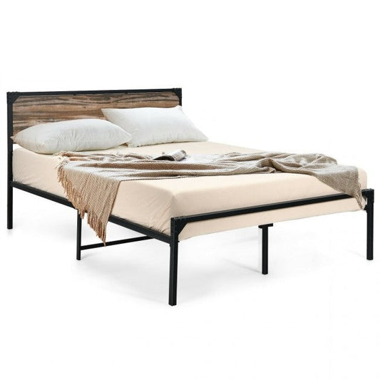 Rustic FarmHome Metal Wood Platform Bed Frame in Queen Size-0