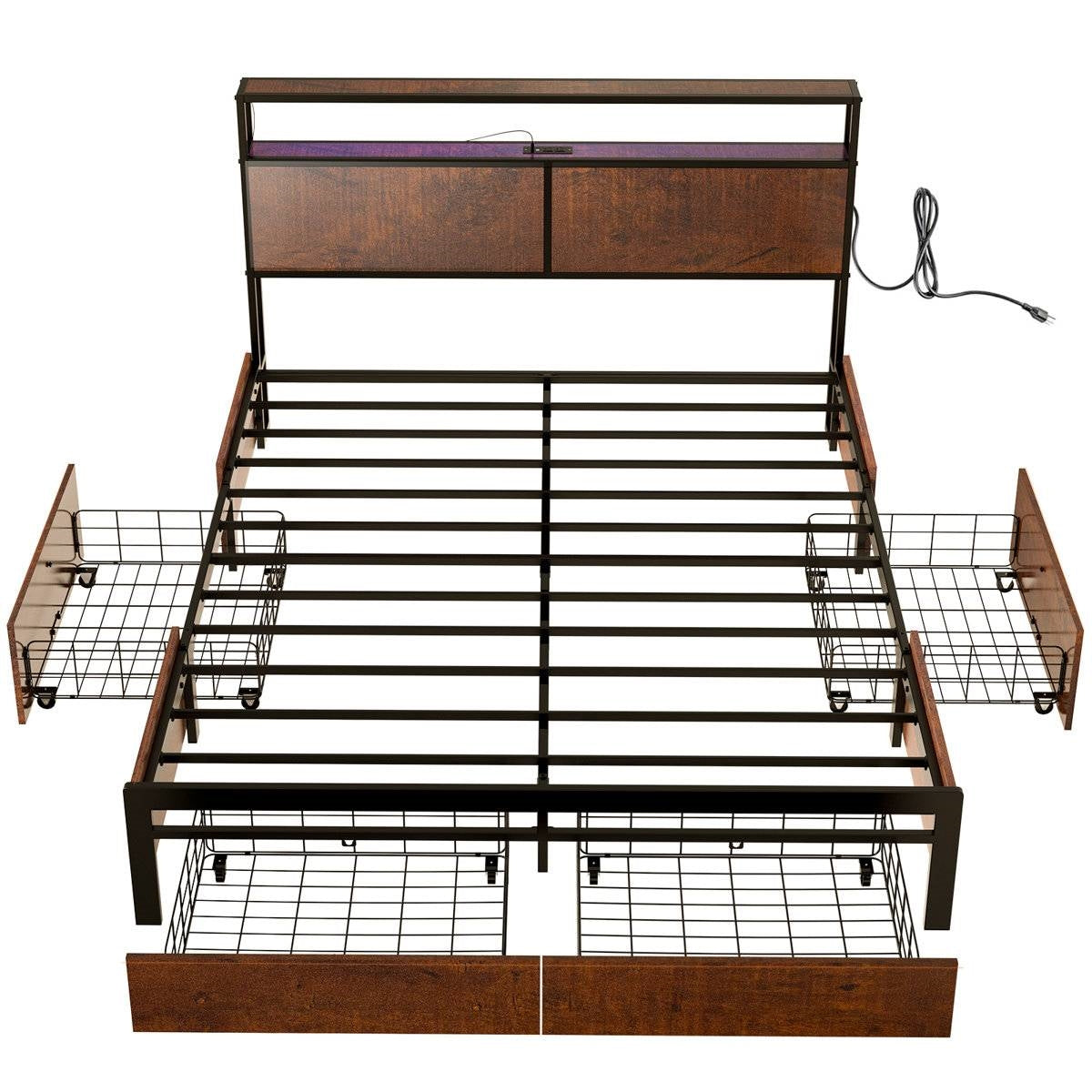 Queen size Platform Bed with Headboard and Storage Drawers in Brown Wood Finish-0