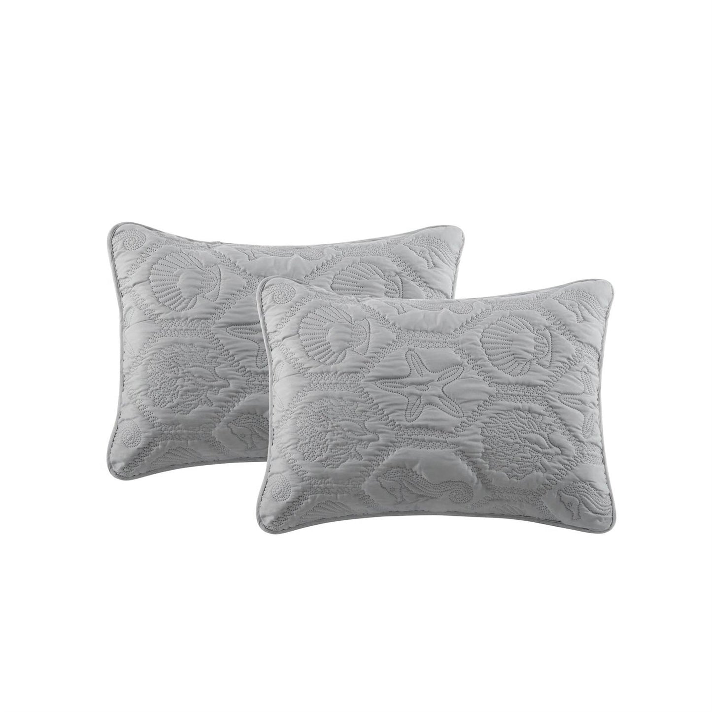 Queen Coastal Beach Embossed Starfish Seashell Seahorse Grey 3-Piece Quilt Set-3