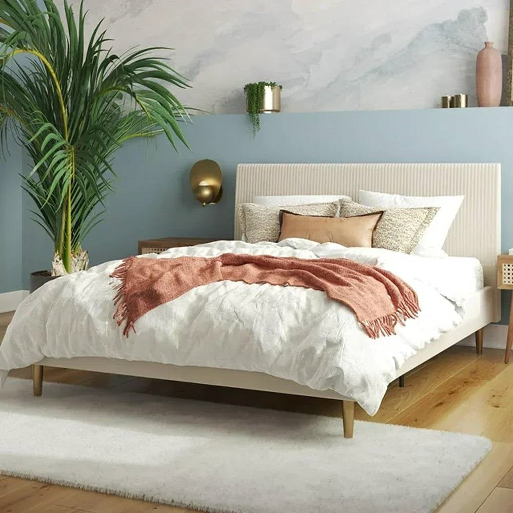 Queen Mid-Century Ivory Cream Velvet Upholstered Platform Bed with Headboard-0