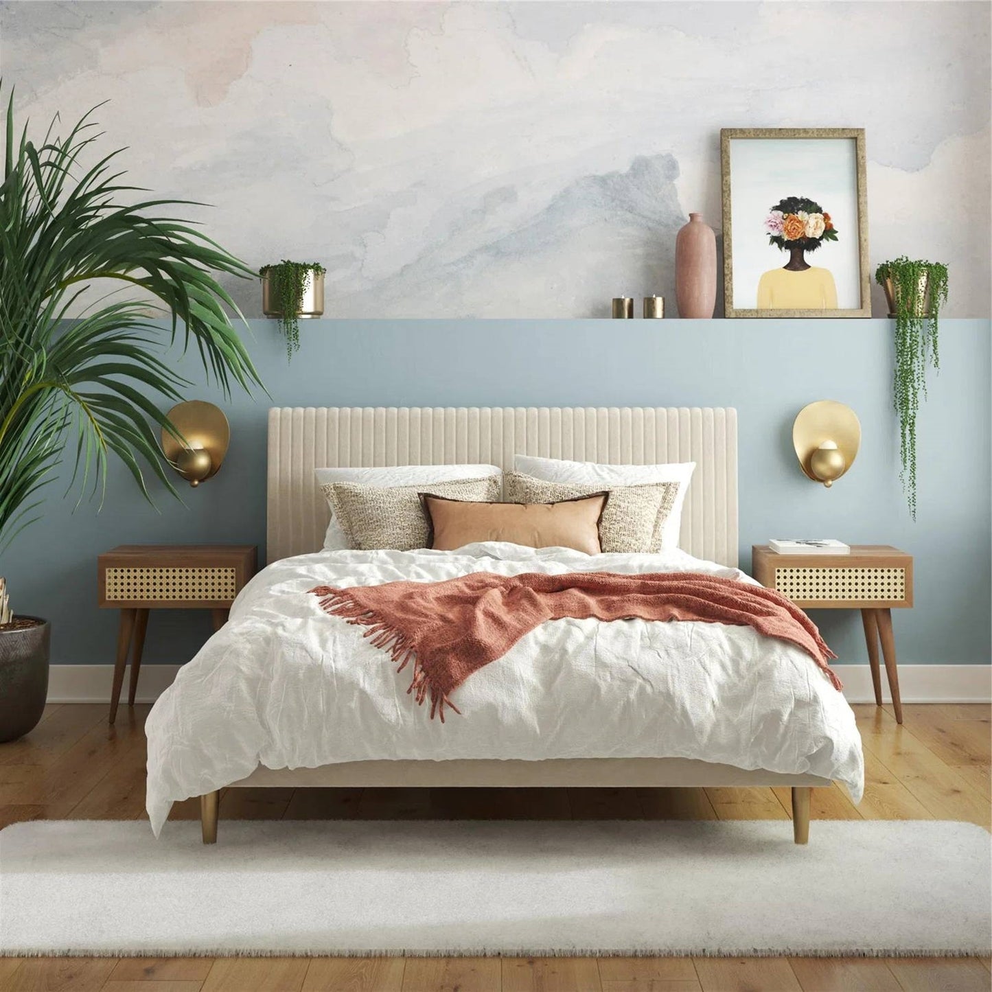 Queen Mid-Century Ivory Cream Velvet Upholstered Platform Bed with Headboard-3