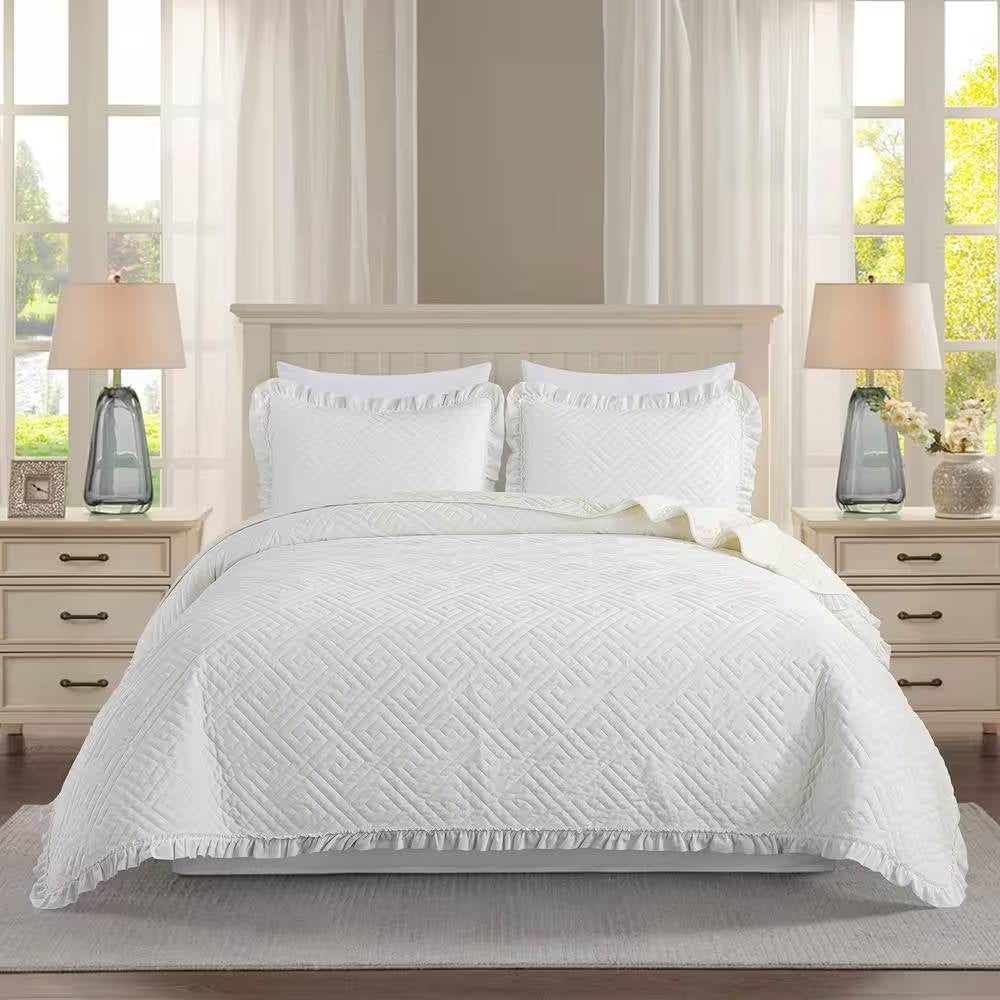 Queen size Ivory White Velvet Microfiber Polyester Reversible 3-Piece Quilt Set-0