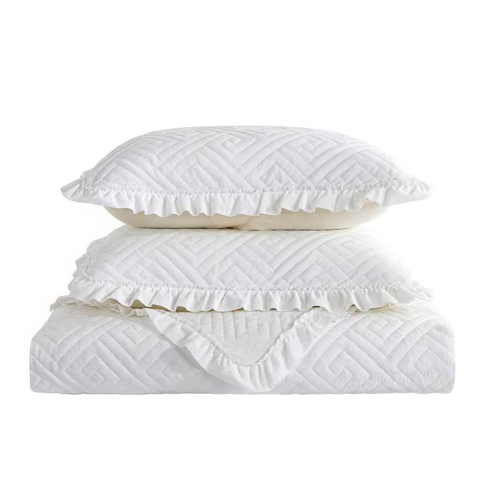 Queen size Ivory White Velvet Microfiber Polyester Reversible 3-Piece Quilt Set-1