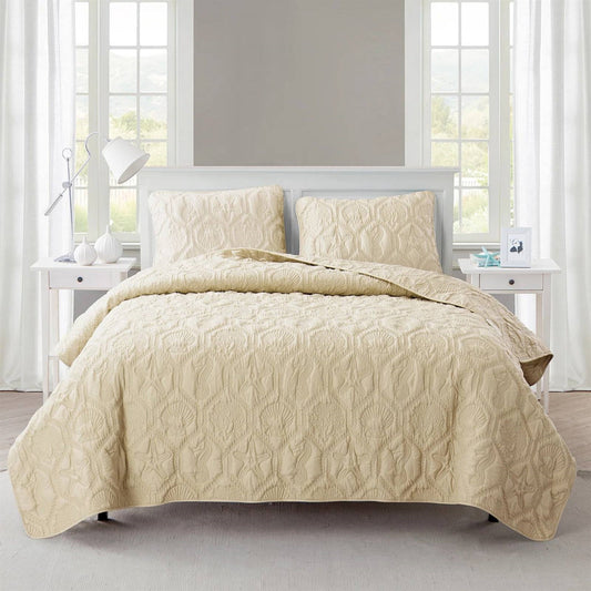 Queen Coastal Beach Starfish Seashells Seahorse Sand Tan 3-Piece Quilt Set-0