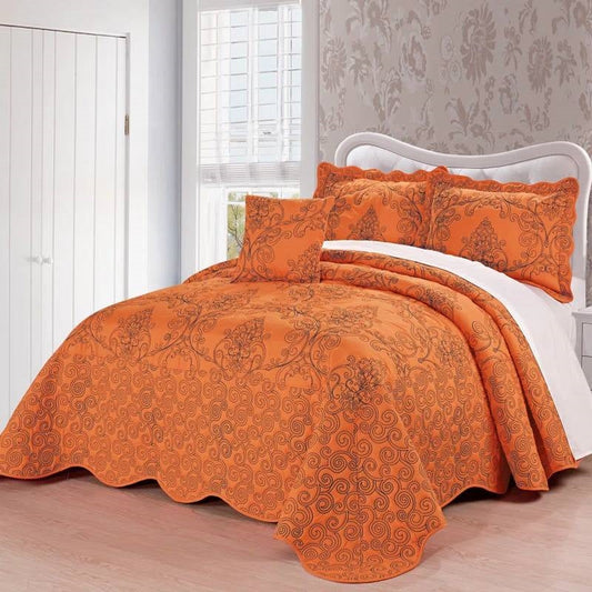 Queen size Orange Nectarine Damask Embroidered 4 Piece Oversized Bedspread Set-0