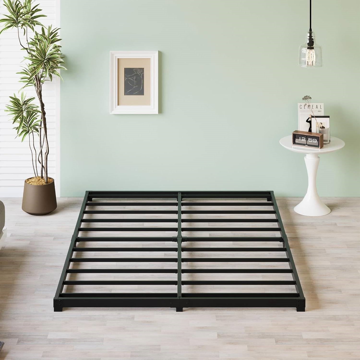 Queen size 3-inch Low Profile Heavy Duty Metal Bed Frame in Matte Black-1