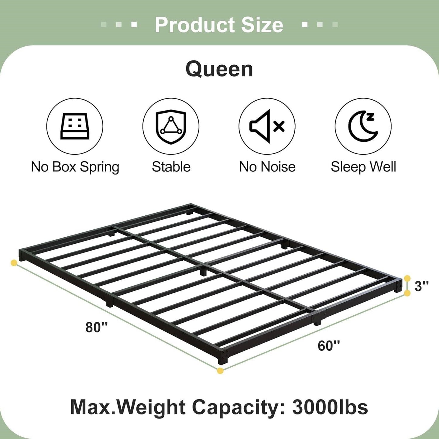 Queen size 3-inch Low Profile Heavy Duty Metal Bed Frame in Matte Black-4