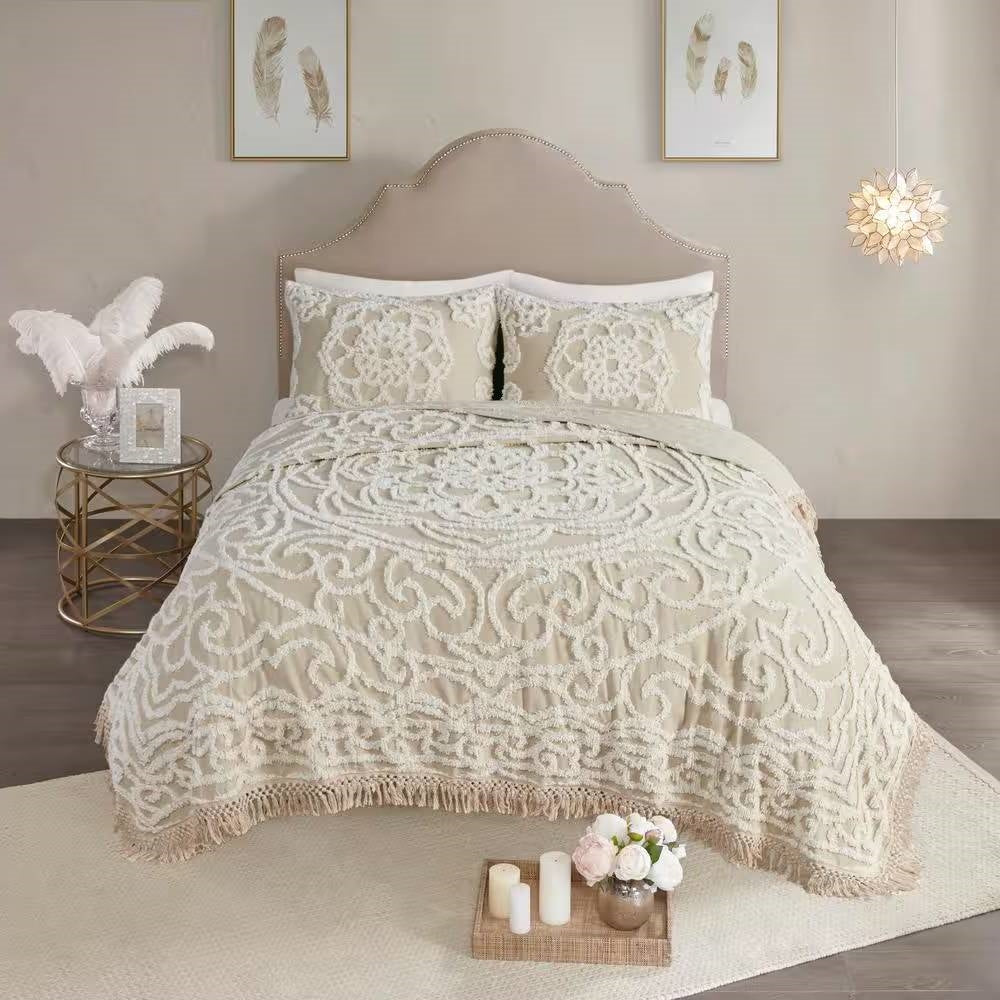 Queen 100-Percent Cotton Chenille Bedspread with Fringe Hem in Khaki Taupe Beige-0