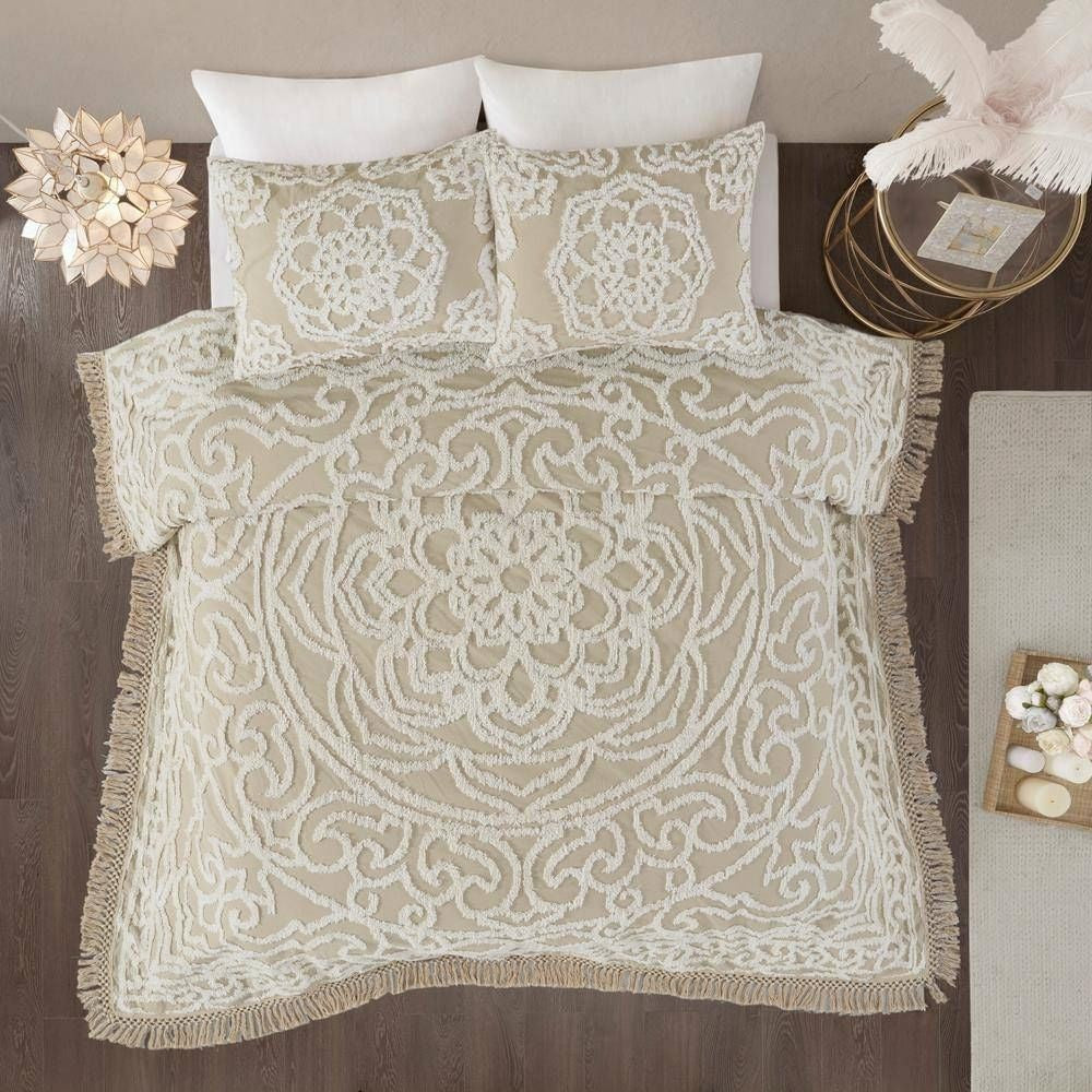 Queen 100-Percent Cotton Chenille Bedspread with Fringe Hem in Khaki Taupe Beige-0