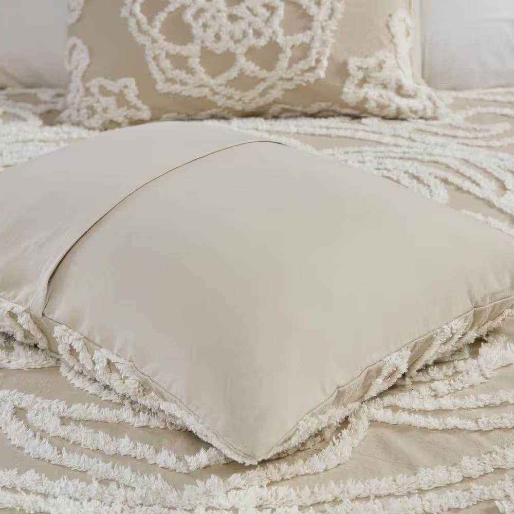 Queen 100-Percent Cotton Chenille Bedspread with Fringe Hem in Khaki Taupe Beige-1