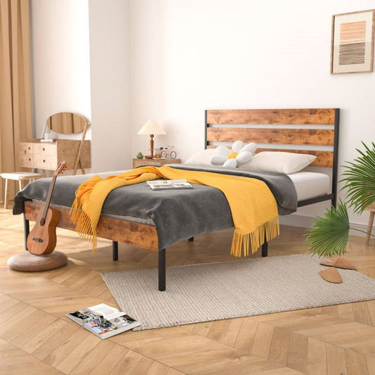 Queen Industrial Platform Bed Frame with Brown Wood Slatted Headboard Footboard-0