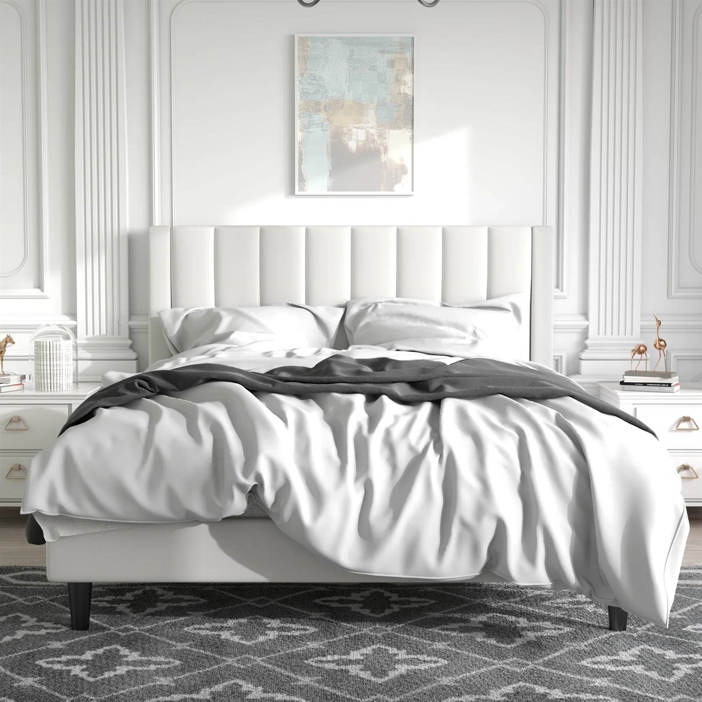 Queen size White Velvet Upholstered Platform Bed Frame with Headboard-0
