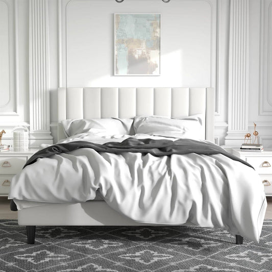 Queen size White Velvet Upholstered Platform Bed Frame with Headboard-0