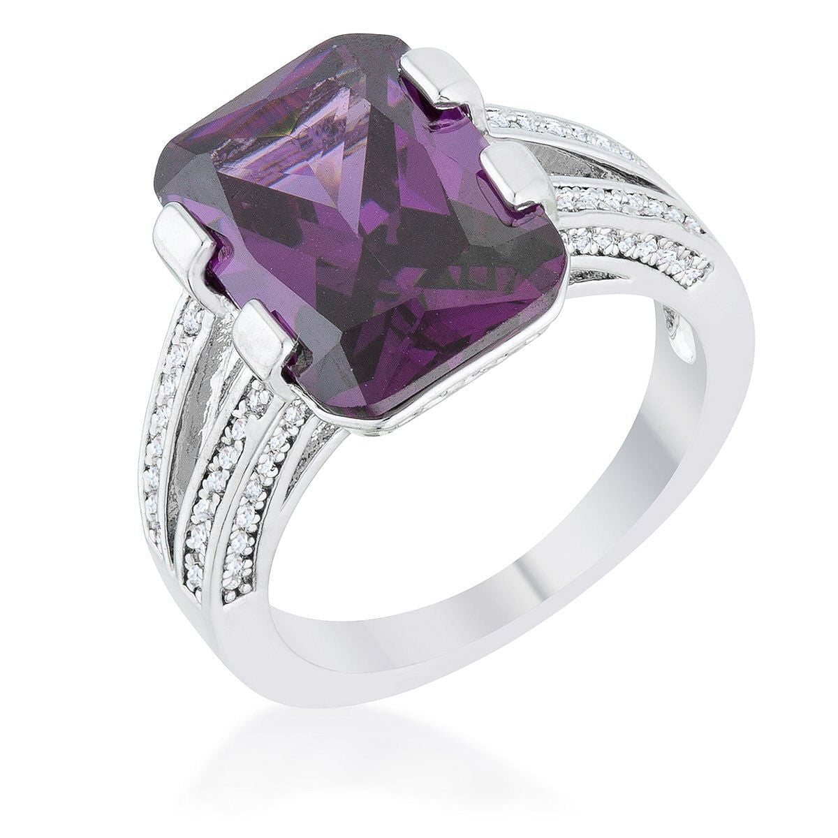 Rema 8.6ct Amethyst CZ Rhodium Emerald Classic Cocktail Ring-0