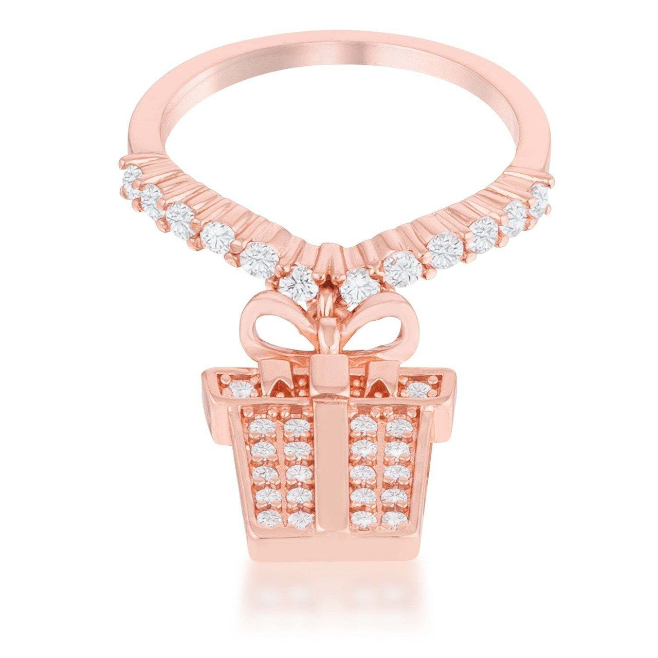 Bow Gift Box 0.3ct CZ Rosegold Holiday Charm Ring-0