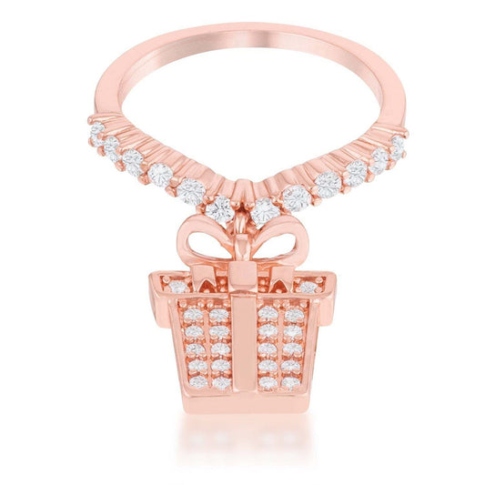 Bow Gift Box 0.3ct CZ Rosegold Holiday Charm Ring-0