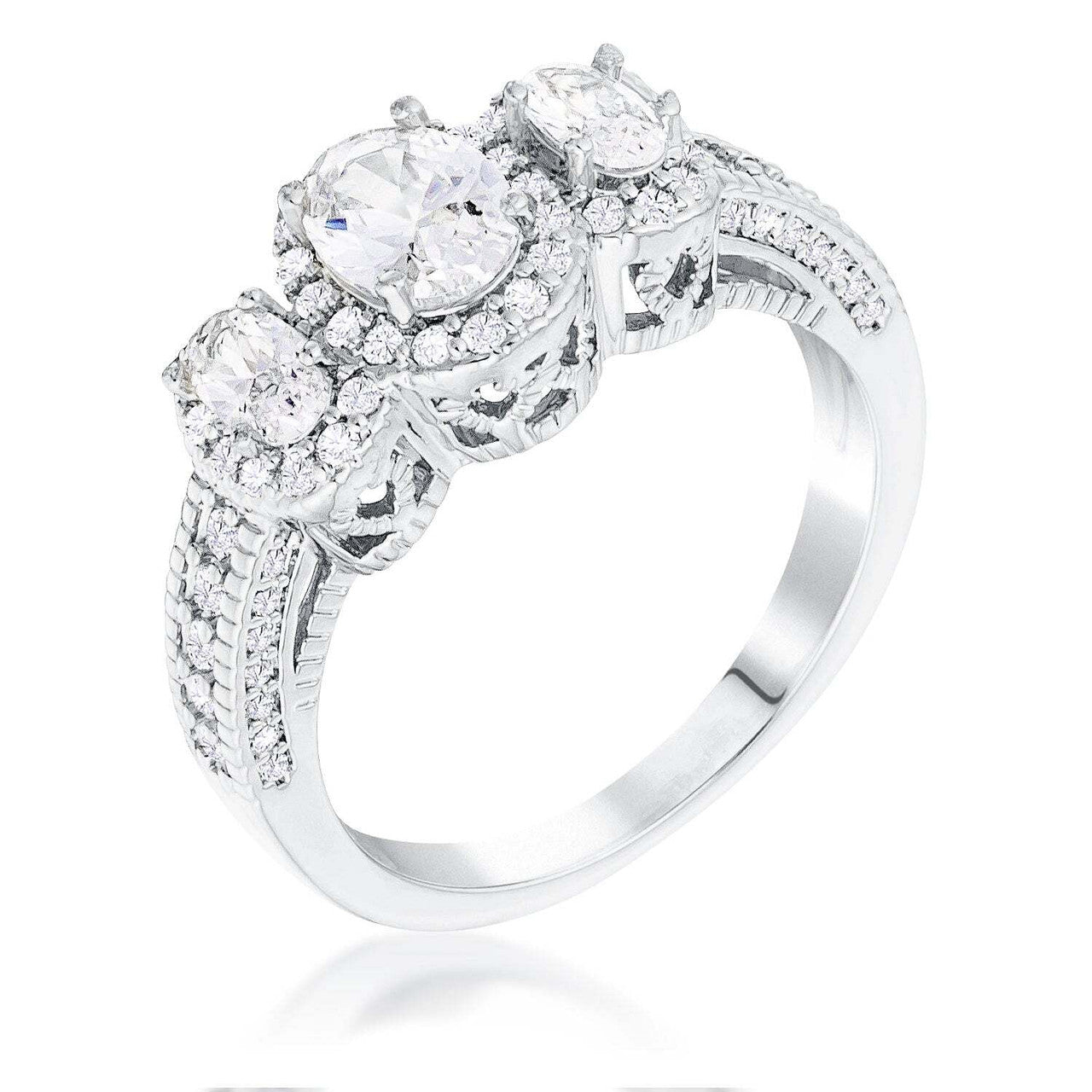 Rhodium Plated 3-Stone Clear Oval Cut CZ Halo Ring-0