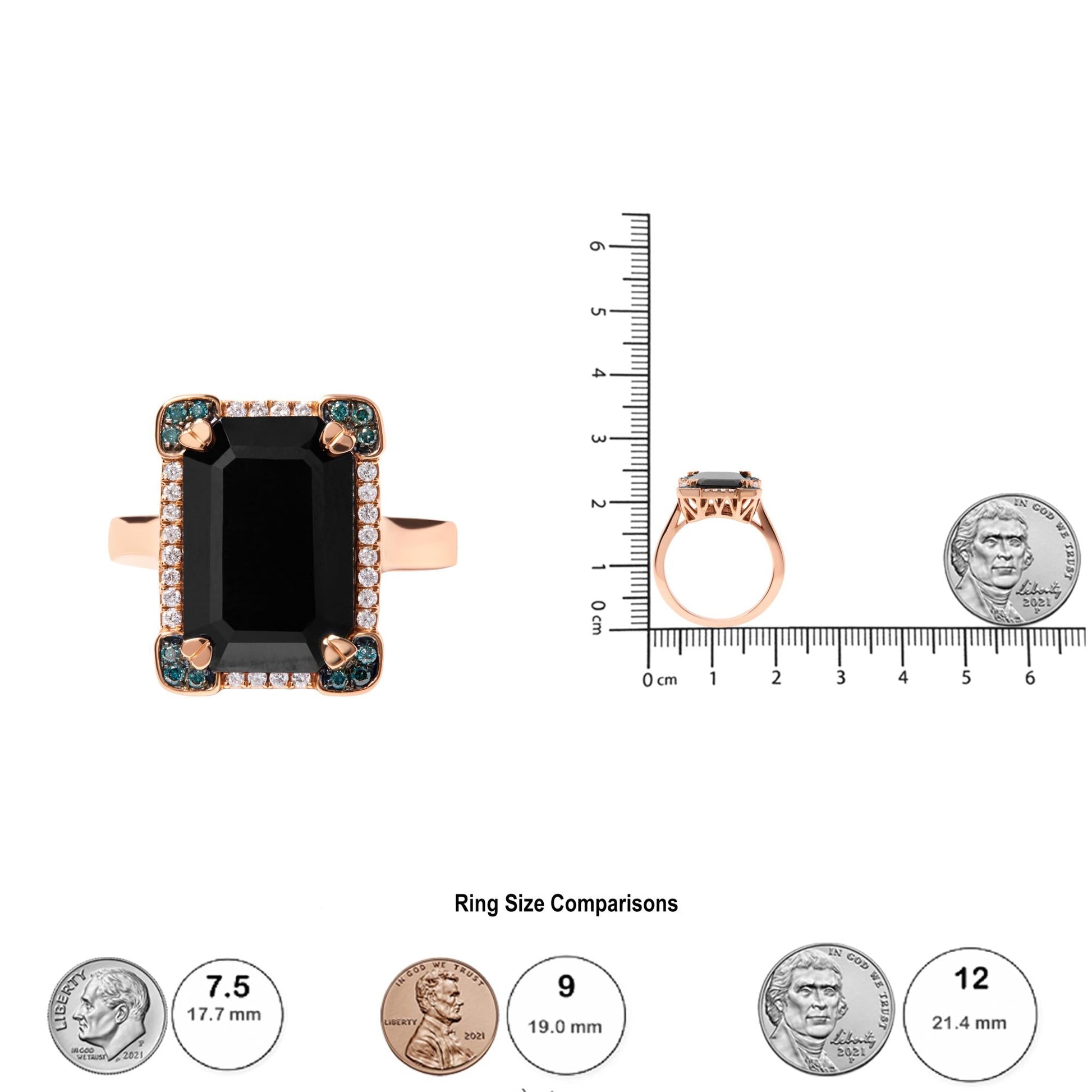 14K Rose Gold 15x10 MM Emerald-Cut Black Onyx and 1/5 Cttw Blue and White Diamond Halo Cocktail Ring (G-H Color, SI1-SI2 Clarity)- Size 7-4