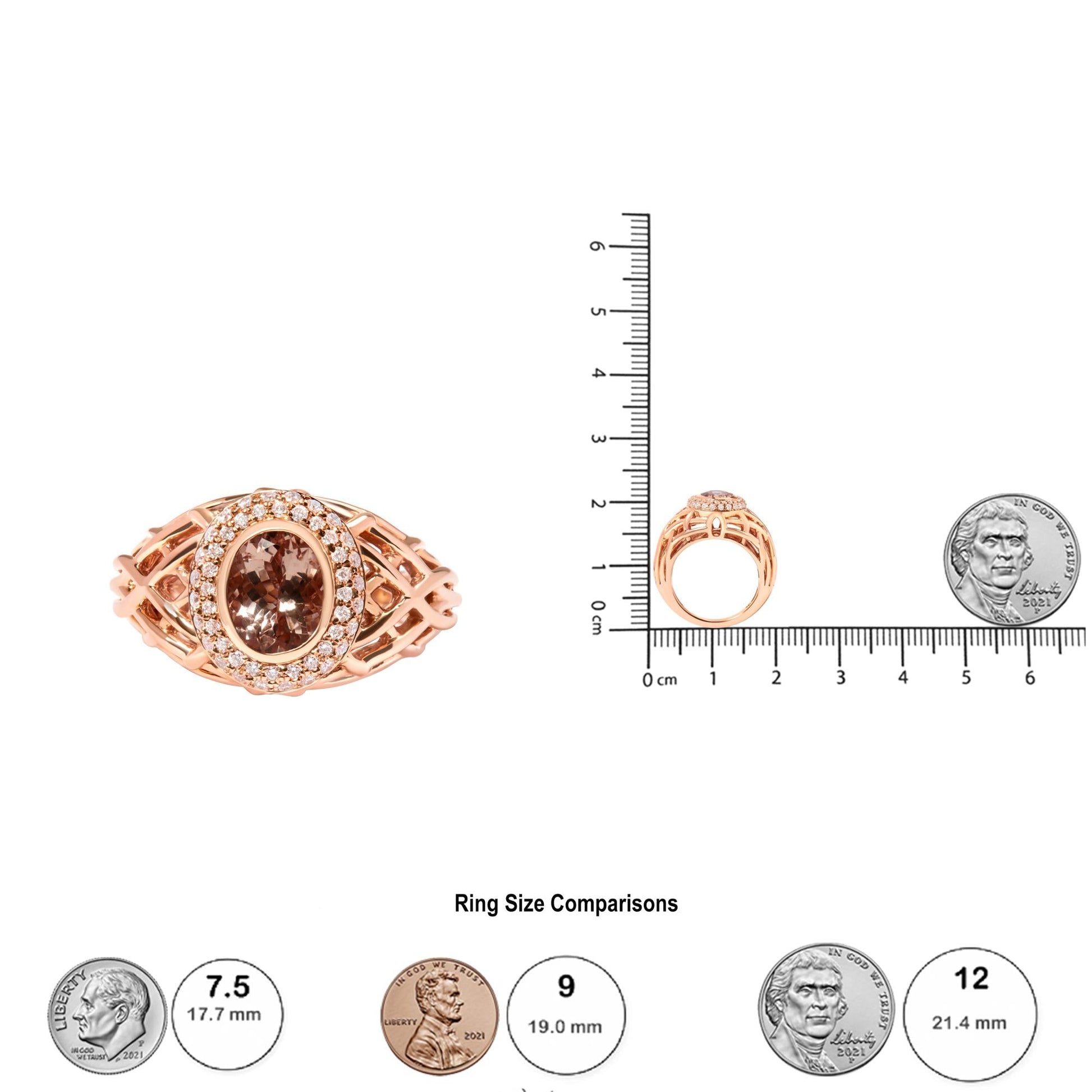 14K Rose Gold Oval Cut Light Pink Morganite and 3/8 Cttw Diamonds Halo and Basket Weave Cocktail Ring (G-H Color, SI1-SI2 Clarity) - Size 7-4