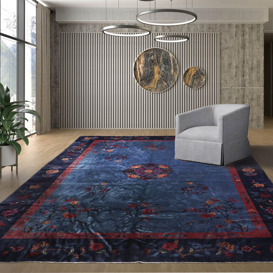10'x13'6" Antique Art Deco Plush Pile Hand Knotted Wool Oriental Area Rug Navy-0