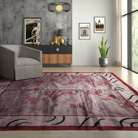 Endless Knots Tibetan Square Hand Knotted Wool Area Rug Aubergine 9'4'' x 9'6''-0
