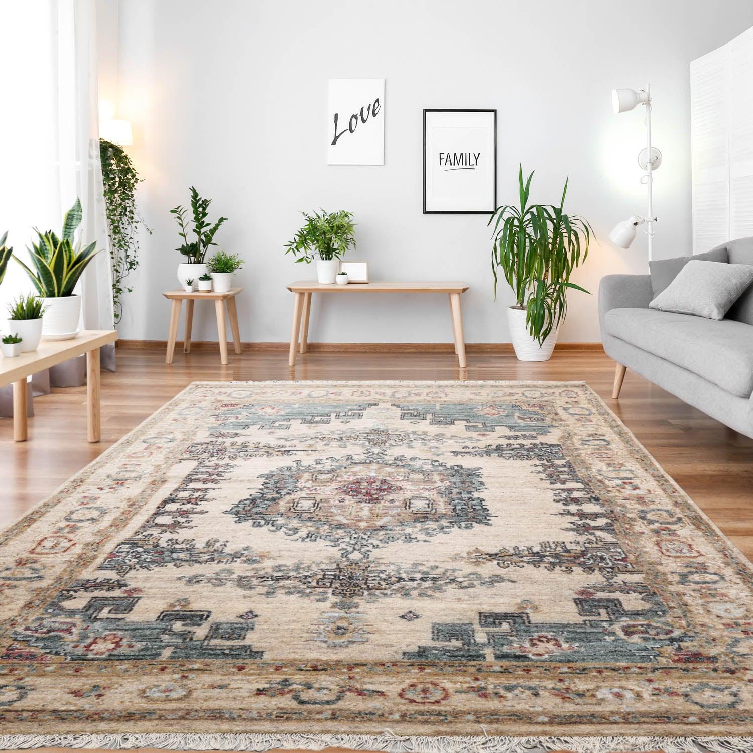 5'2"x6'1" Hand Knotted 100% Wool Muted Turkish Oushak Traditional Oriental Area Rug Beige, Blue Color-0