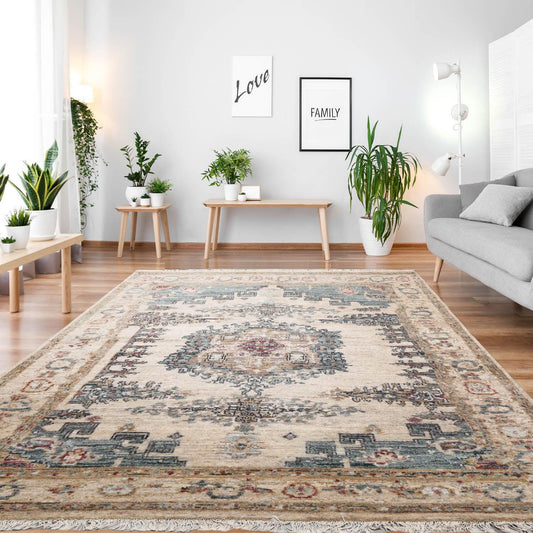 5'2"x6'1" Hand Knotted 100% Wool Muted Turkish Oushak Traditional Oriental Area Rug Beige, Blue Color-0