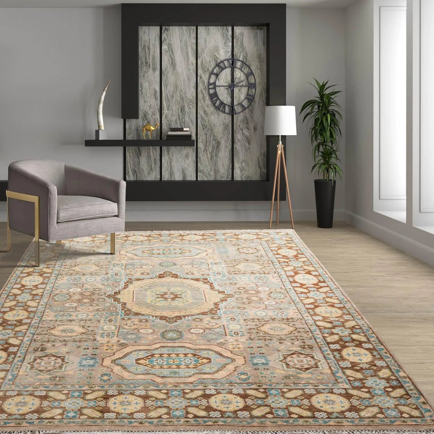 8'x10 Hand Knotted Muted Turkish Oushak 100% Wool Traditional Oriental Area Rug Taupe, Teal Color-0