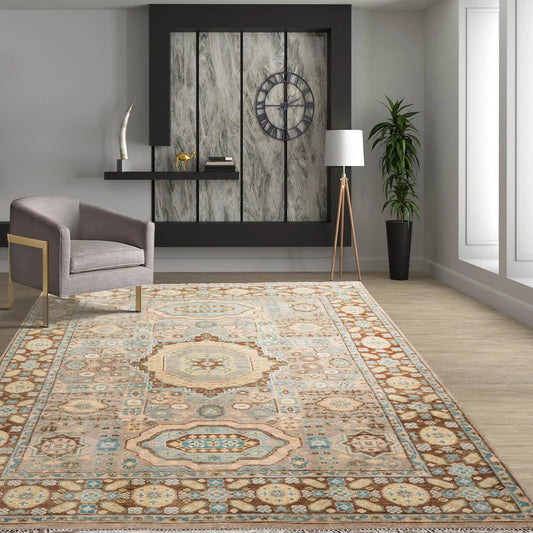 8'x10 Hand Knotted Muted Turkish Oushak 100% Wool Traditional Oriental Area Rug Taupe, Teal Color-0