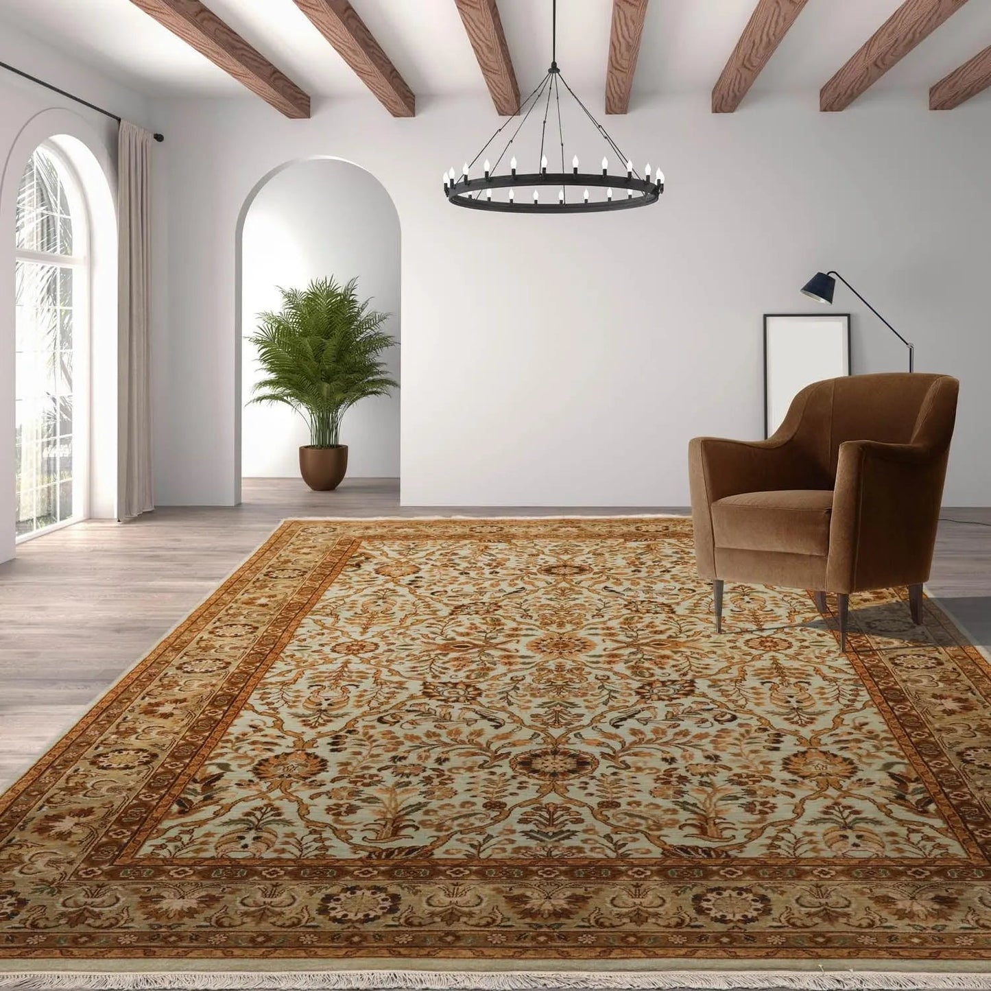 6' x 9' 1'' Hand Knotted 100% Wool Agra Traditional 250 KPSI Oriental Area Rug Aqua, Champagne Color-0