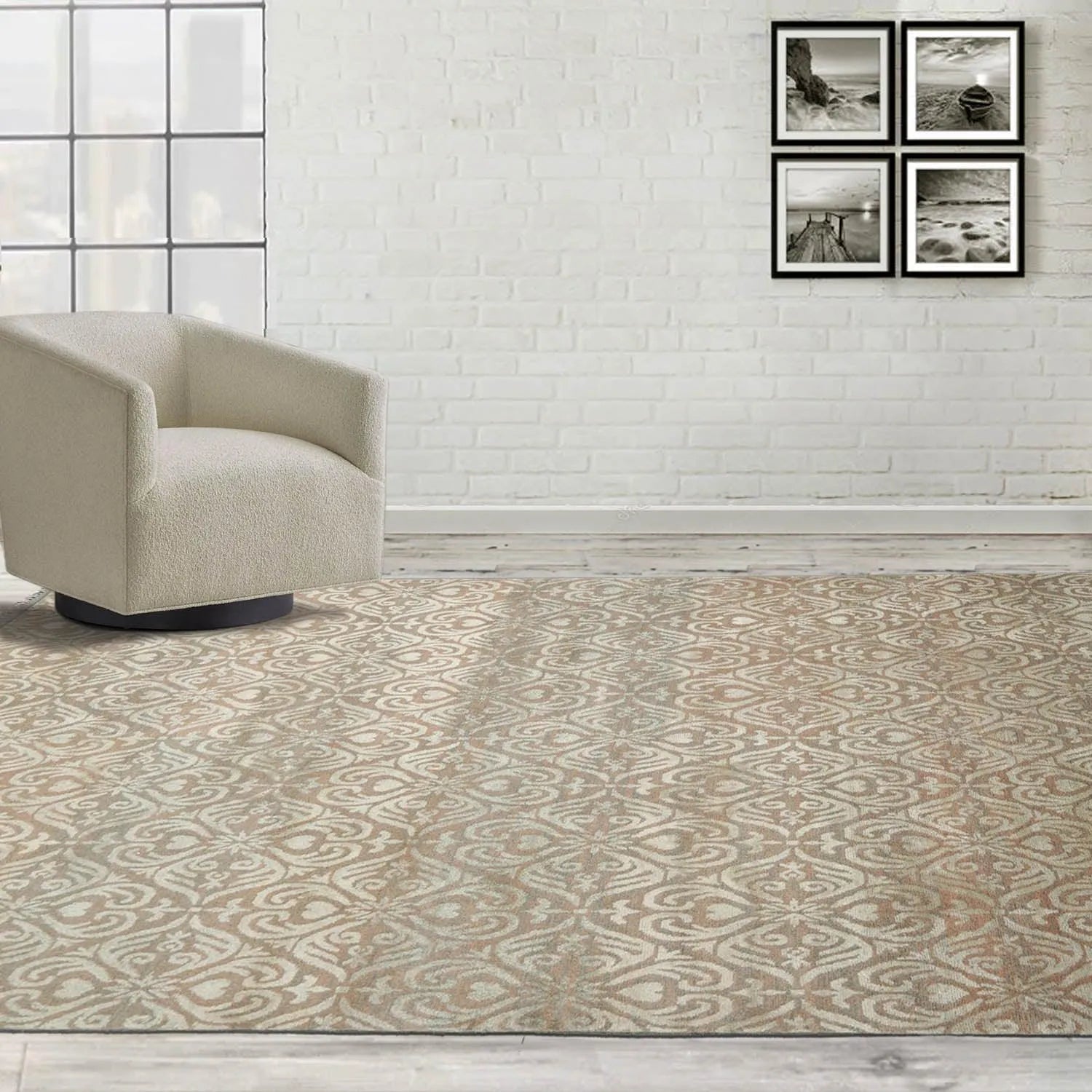 6x9 Aqua, Beige Hand Knotted Wool and Silk Tibetan Traditional Oriental Area Rug-0