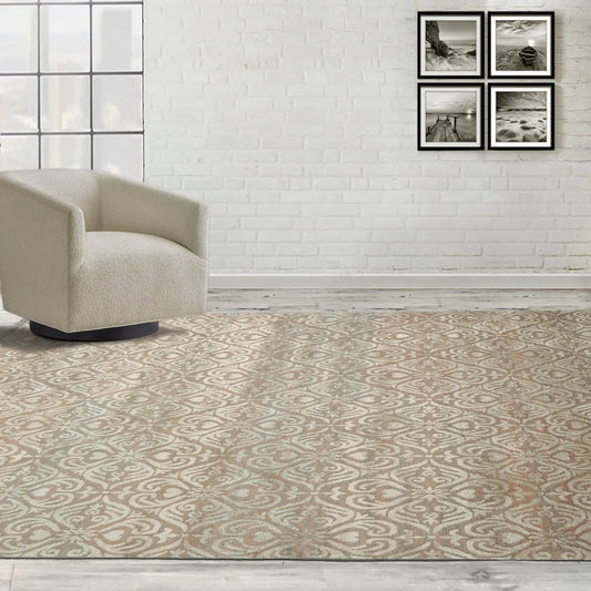 6x9 Aqua, Beige Hand Knotted Wool and Silk Tibetan Traditional Oriental Area Rug-0