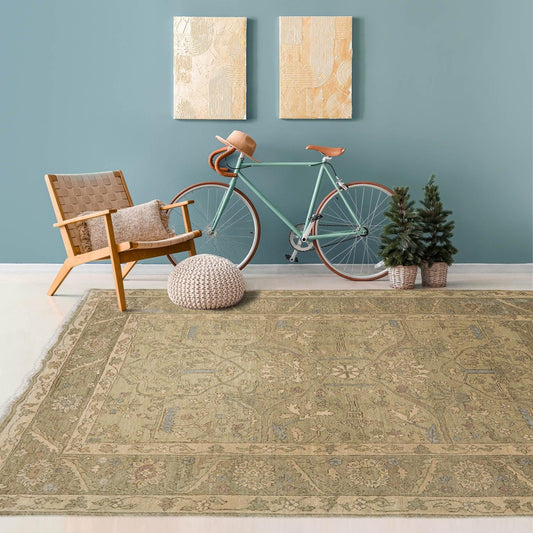 5'6" x 8'6'' Hand Knotted 100% Wool Caucasian Traditional Oriental Area Rug Champagne, Moss Color-0
