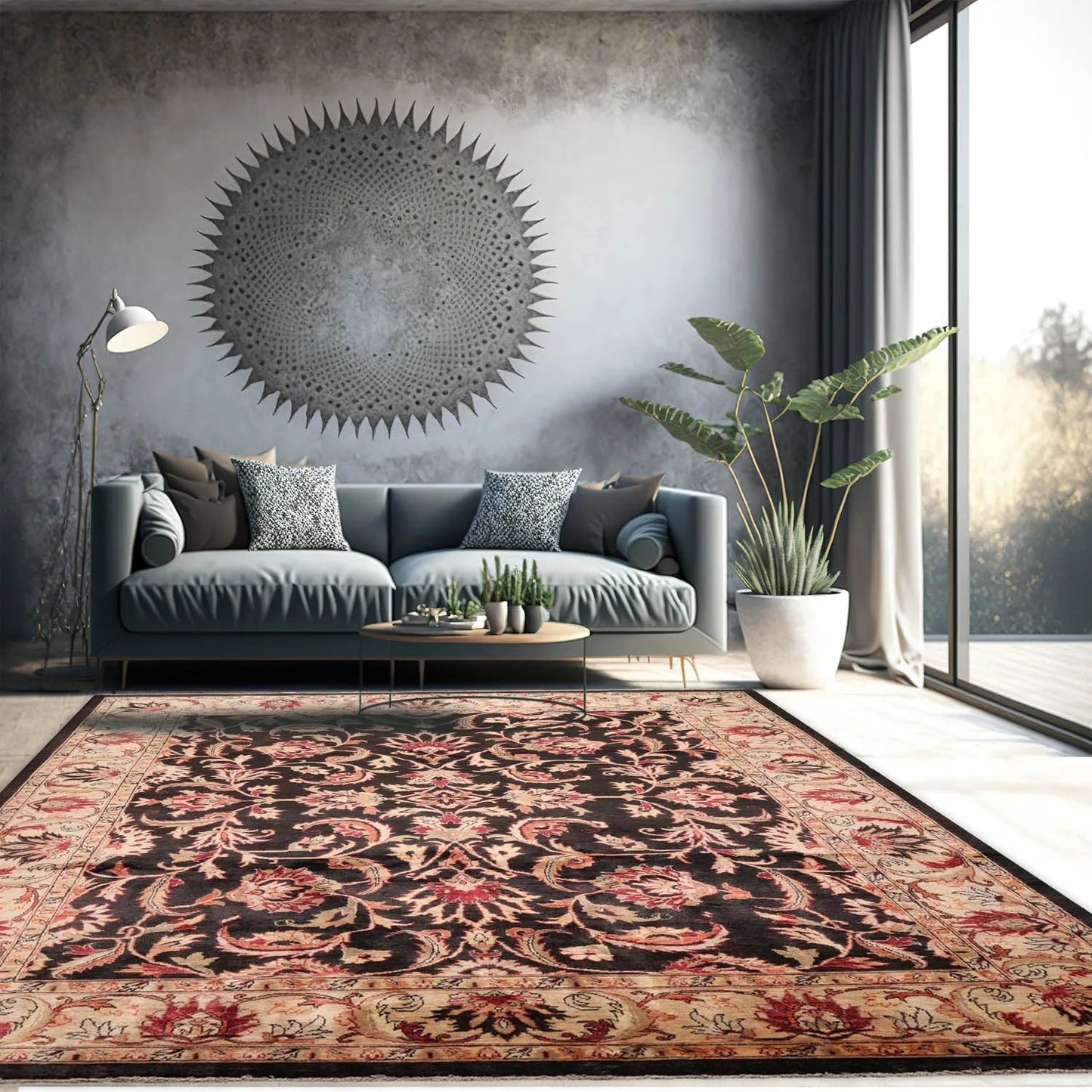 7'10''x9'11'' Hand Knotted 100% Wool Peshawar Traditional Oriental Area Rug Charcoal, Beige Color-0