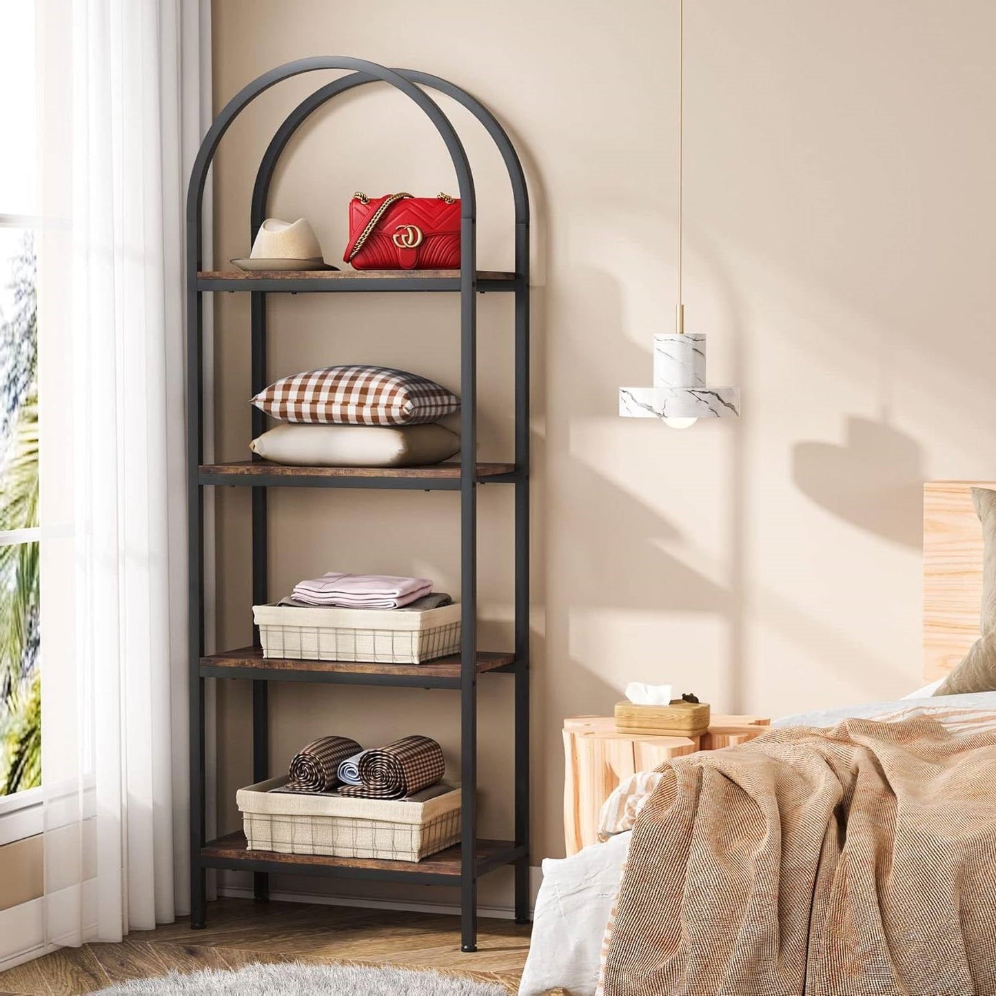 Modern Industrial Metal Wood Display Rack Bookcase with 4 Storage Shelves-3