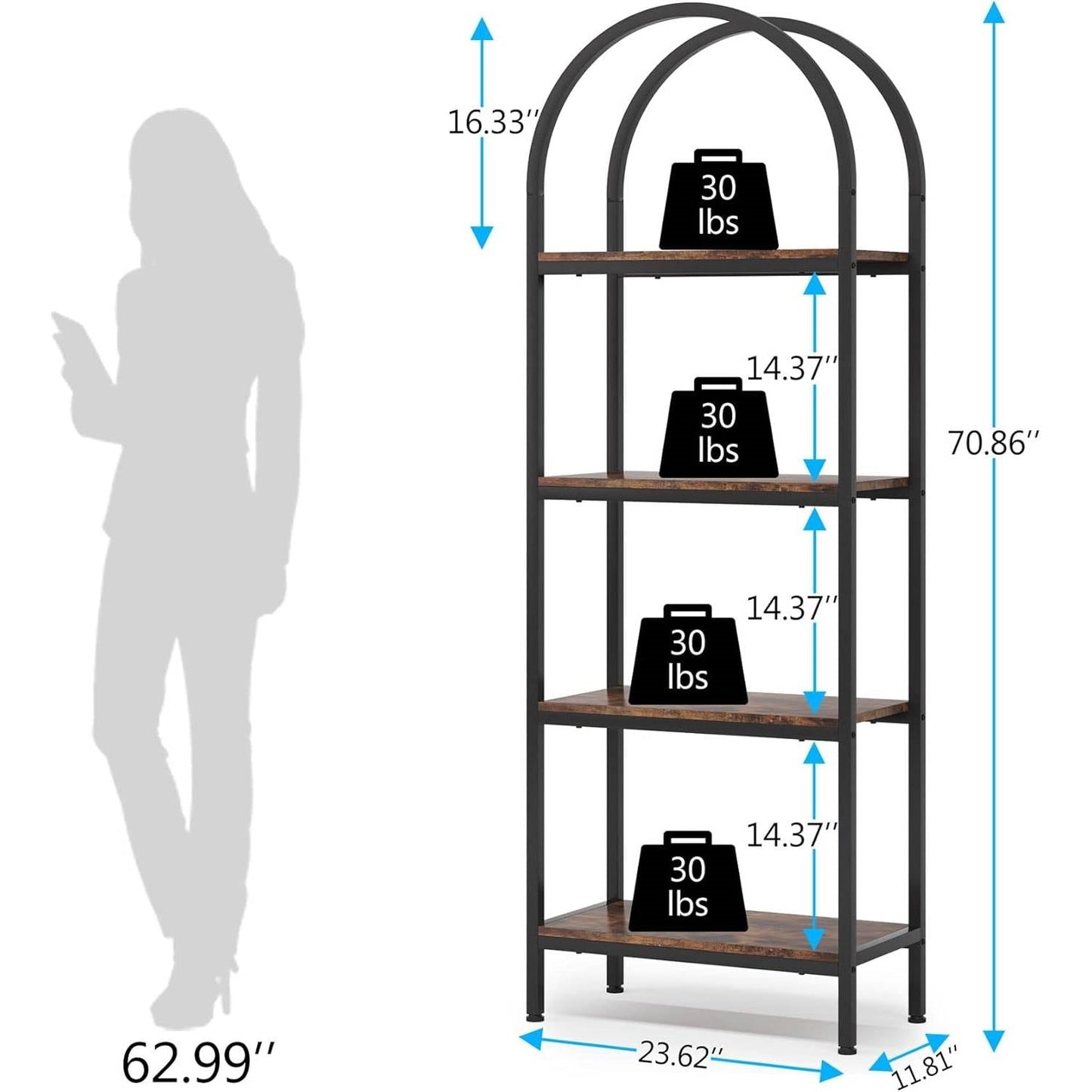 Modern Industrial Metal Wood Display Rack Bookcase with 4 Storage Shelves-4