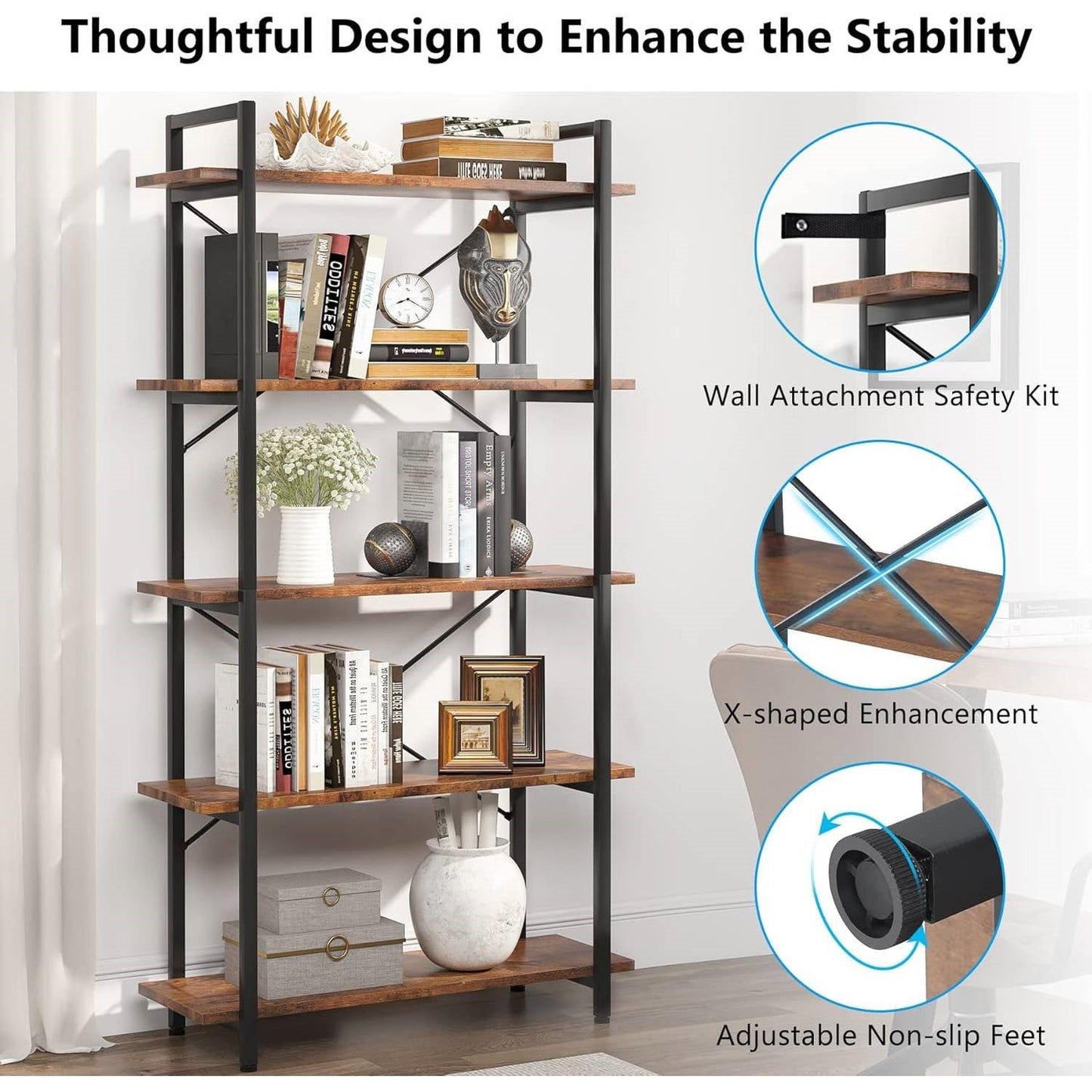 Modern Industrial 5-Shelf Bookcase with Sturdy Metal Frame and Wooden Shelves-3