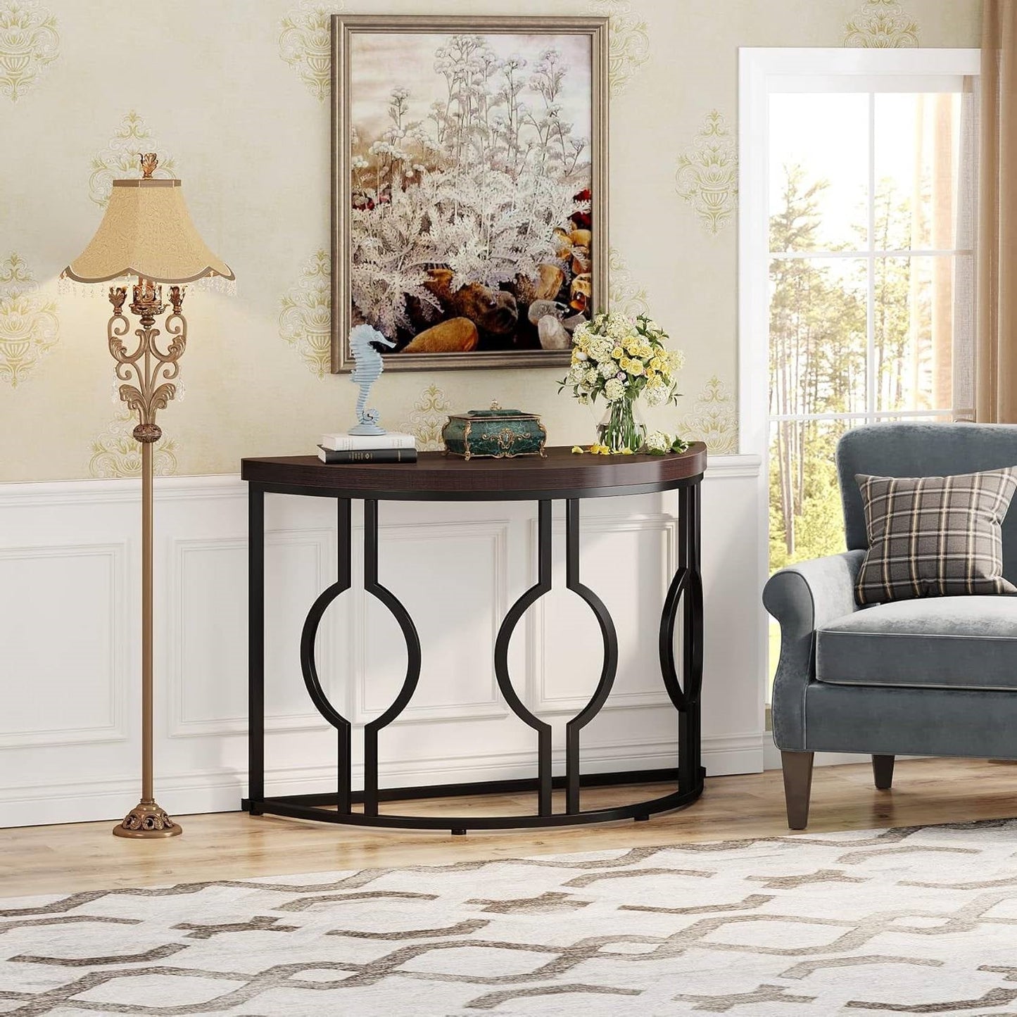 Modern 43-inch Half Moon Accent Console Table with Brown Wood Top Black Frame-1