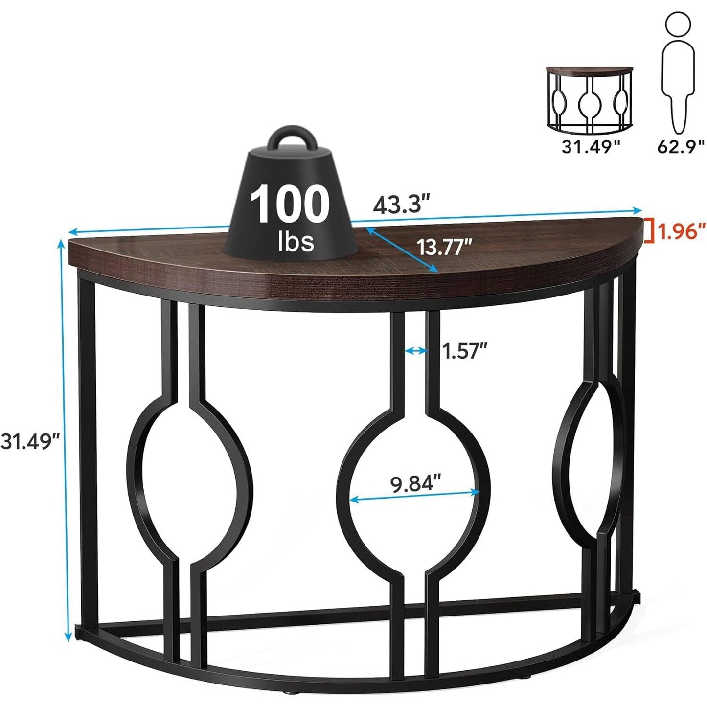 Modern 43-inch Half Moon Accent Console Table with Brown Wood Top Black Frame-4