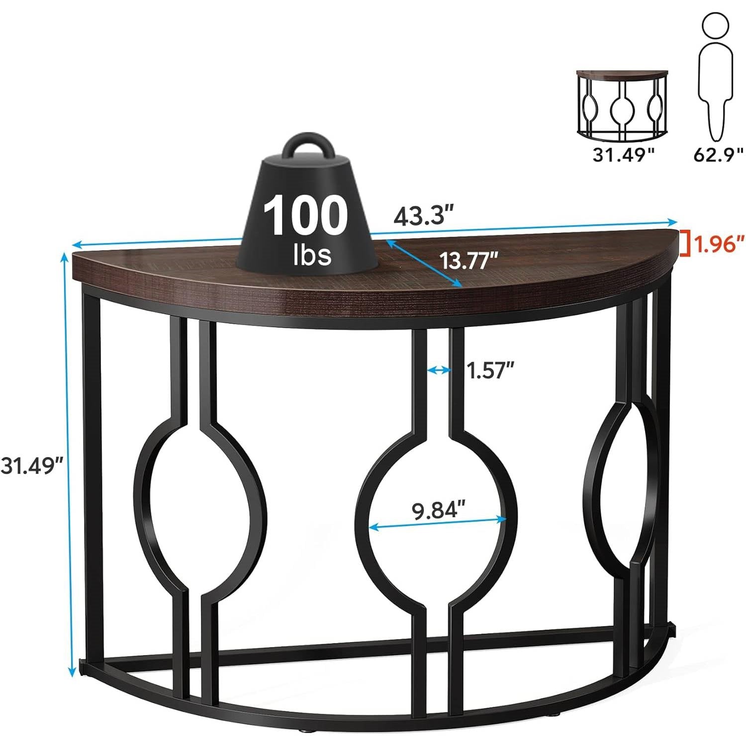 Modern 43-inch Half Moon Accent Console Table with Brown Wood Top Black Frame-4