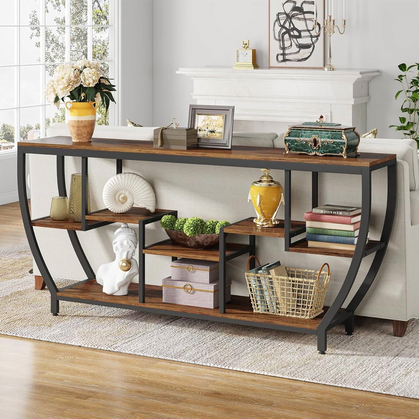 Industrial Modern 70-inch Long Narrow Console Sofa Table with Brown Wood Shelves-0