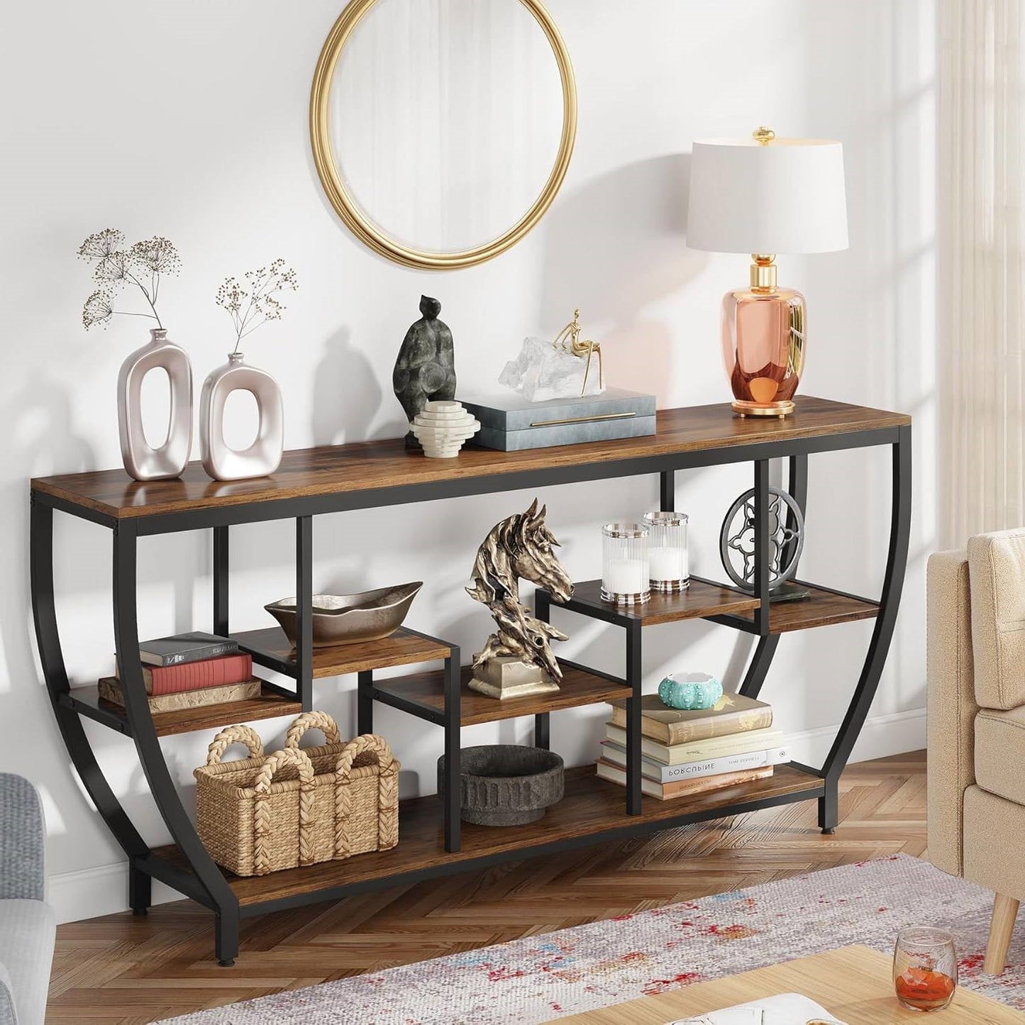 Industrial Modern 70-inch Long Narrow Console Sofa Table with Brown Wood Shelves-1