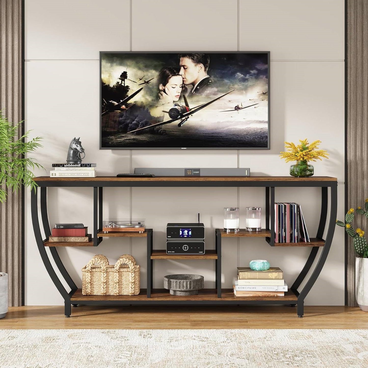 Industrial Modern 70-inch Long Narrow Console Sofa Table with Brown Wood Shelves-3