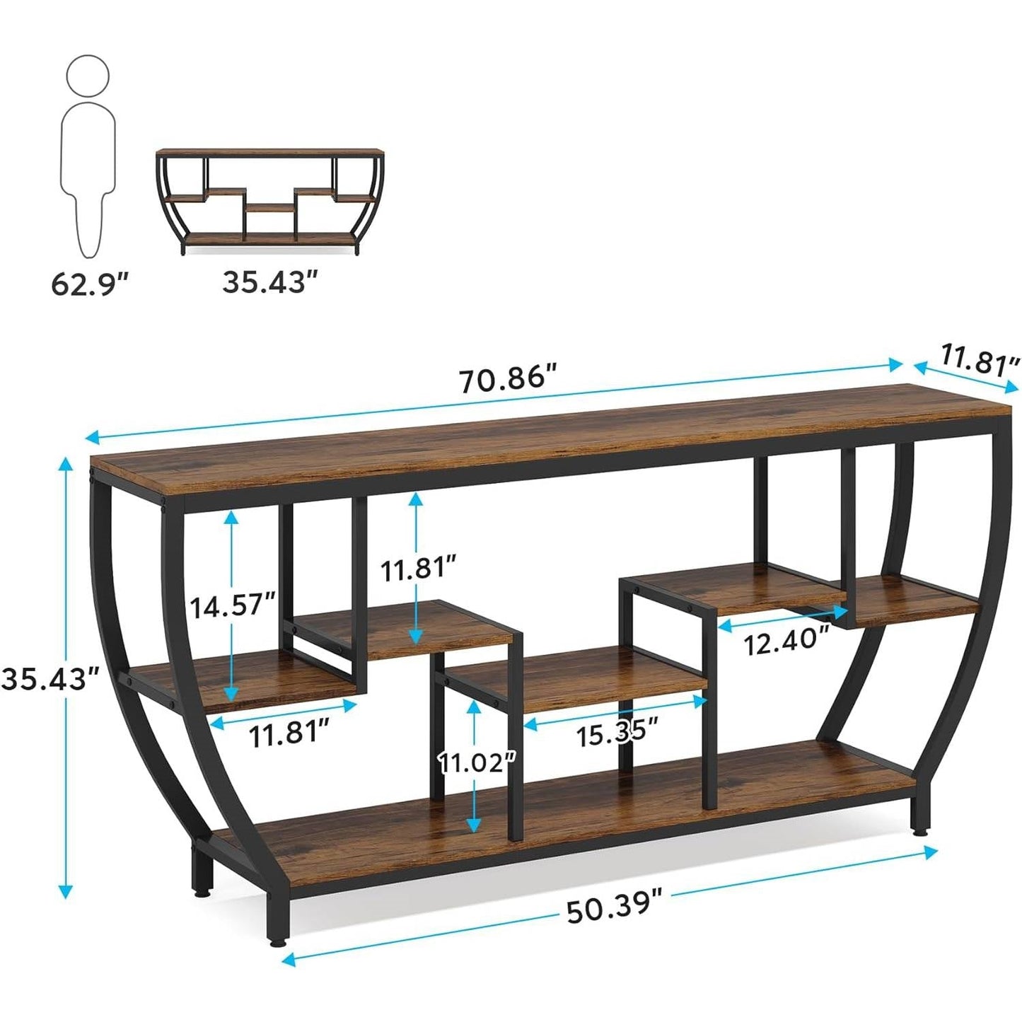 Industrial Modern 70-inch Long Narrow Console Sofa Table with Brown Wood Shelves-4