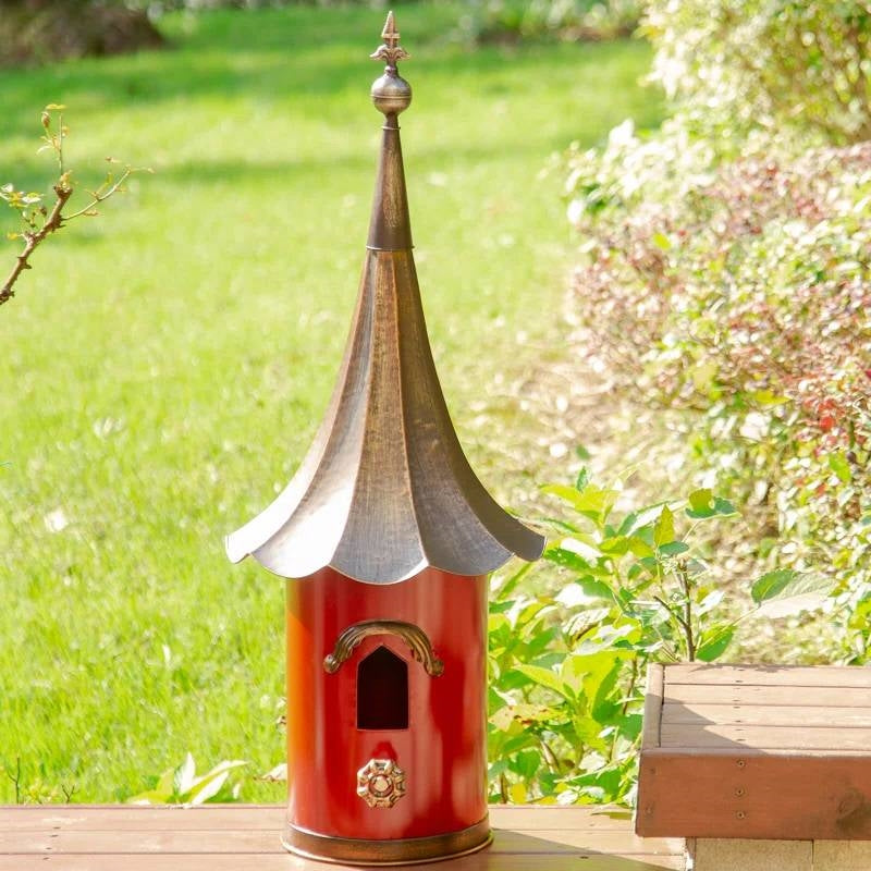 Outdoor Red Metal Bird House with Vintage Bronze Phonograph Style Roof-1