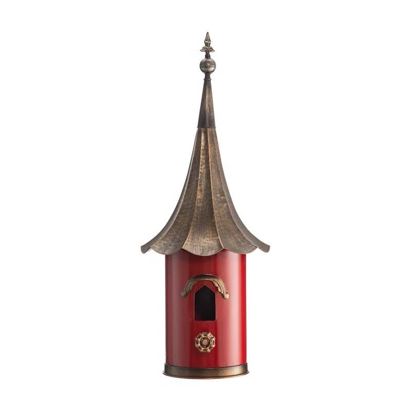 Outdoor Red Metal Bird House with Vintage Bronze Phonograph Style Roof-2